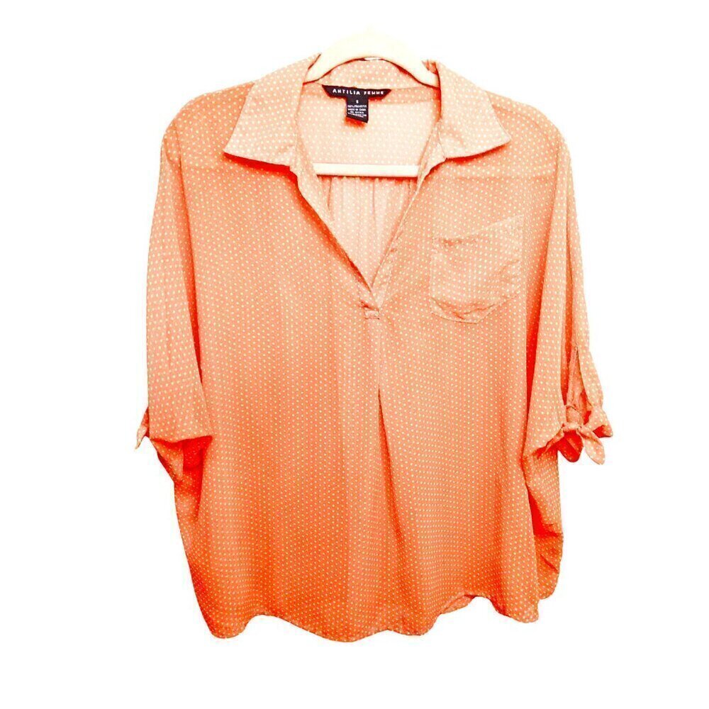 ANTILIA FEMME COLLECTIONS ORANGE AND WHITE POLKA DOT WOMEN'S BLOUSE - SIZE S